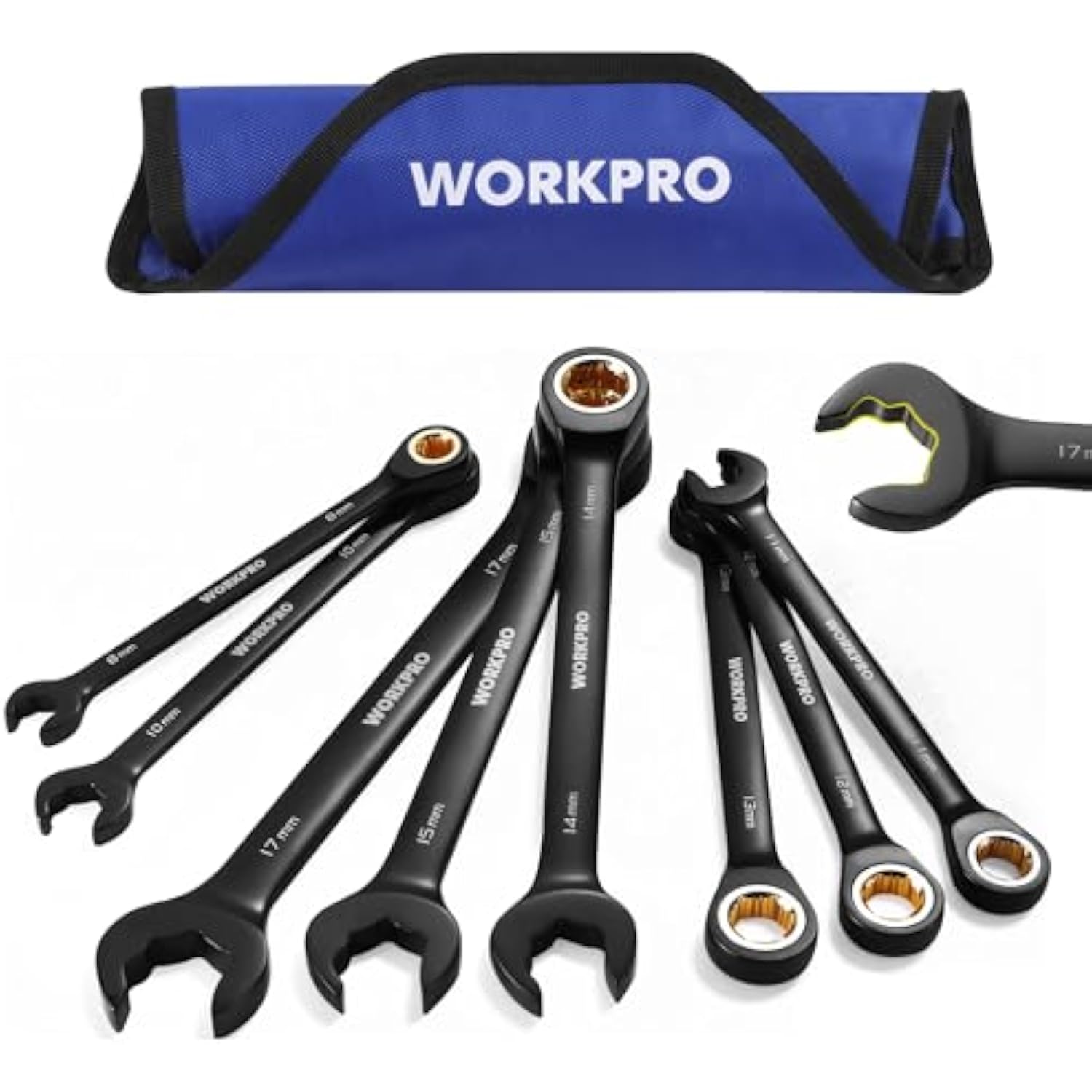 WORKPRO Upgraded 8-piece Anti-Slip Ratcheting Combination Wrench Set with Quick-Slide Open End, 72-Teeth, Cr-V Constructed, Black Metric Wrenches Set with Roll Up Pouch, 8mm-17mm