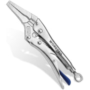 WORKPRO curved jaw locking pliers, silver steel body with blue non-slip handles