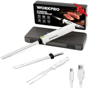 WORKPRO cordless electric knife set with white handle, two blades, storage case, and USB charger