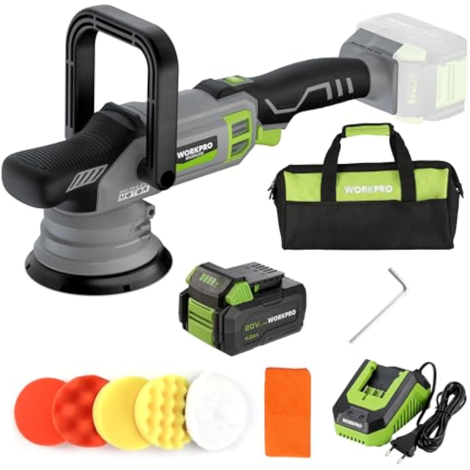 Cordless buffer polisher kit with battery, foam pads, charger, and carrying bag
