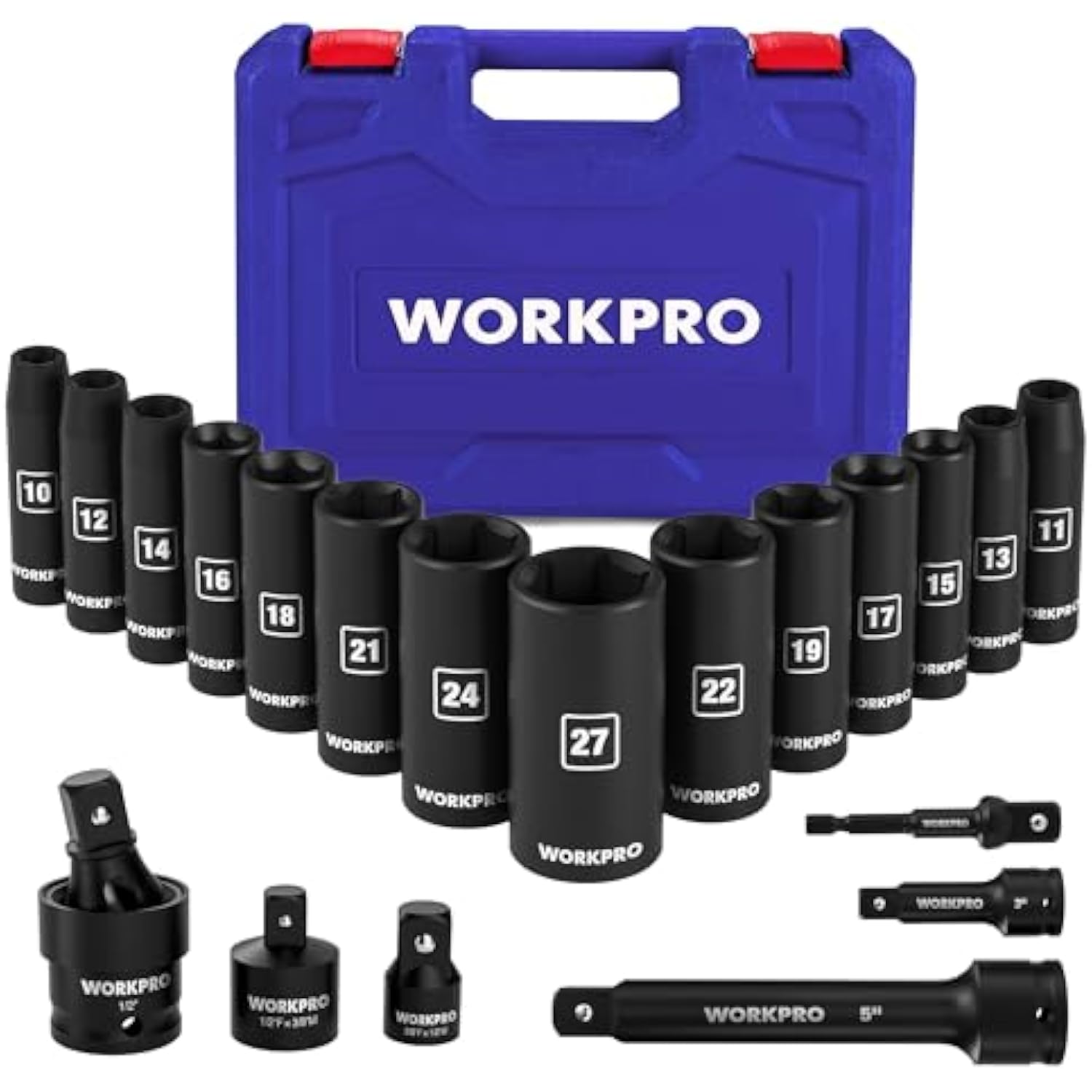 WORKPRO 1/2 in drive socket set with blue case, deep sockets, adapters, extensions