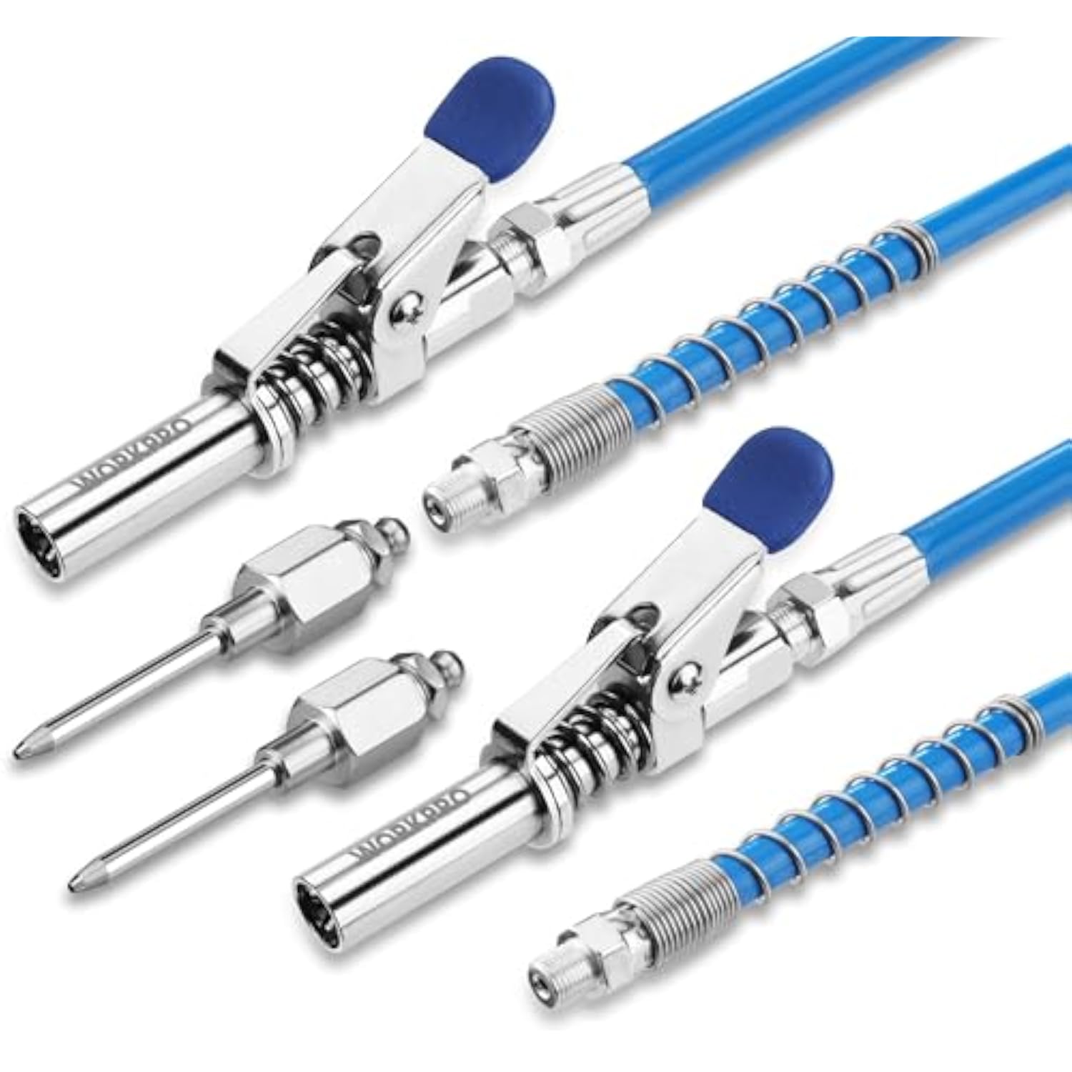 WORKPRO Grease Gun Coupler Set, 2PCS Quick Release Grease Gun Couplers with 2PCS Grease Needles and 2PCS 12” Grease Hoses, 10000PSI Strong Lock onto Zerk Compatible with 1/8