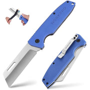 Blue-and-silver folding utility knife with plain edge blade and pocket clip