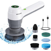 WORKPRO electric spin scrubber with charging cable and multiple brush head attachments