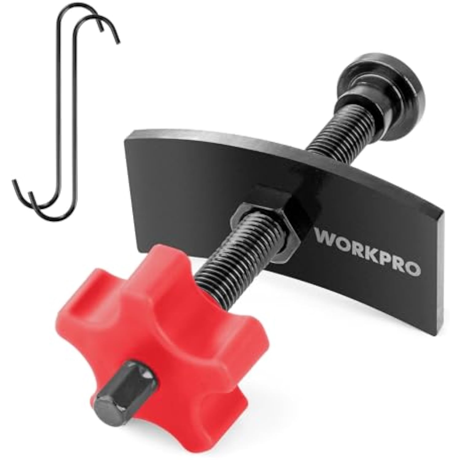 Brake caliper compression tool with red handle, black plate, and hanging L-shaped hooks