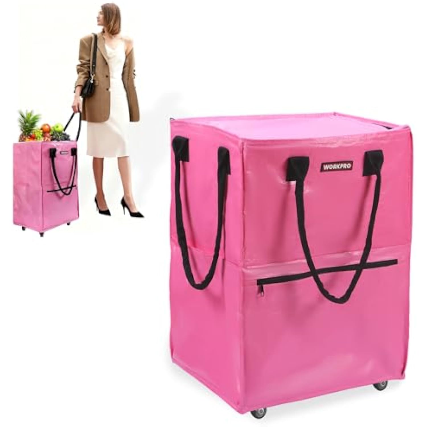 Pink cube-style rolling grocery tote with black handles and 4 caster wheels