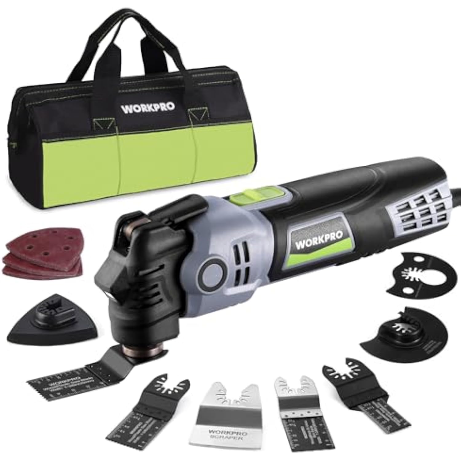 WORKPRO oscillating multi-tool kit with accessory bag, blades, and sanding pads