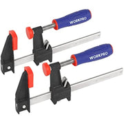 Pair of WORKPRO 6-inch bar clamps with blue handles, red pads, black jaws