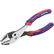 WORKPRO slip joint pliers with silver jaws and red-and-blue soft grip handles