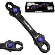 WORKPRO 12-in-1 universal wrench, black handle with blue push button, shown with retail box
