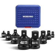 WORKPRO impact socket adapter set with blue plastic case and multiple black heads