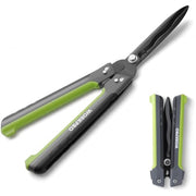 Hedge shears with black wavy blades, green handle, and folded storage guards