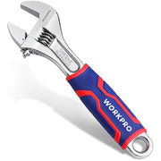 Chrome adjustable wrench with wide jaw opening and blue/red anti-slip TPR grip