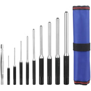 Roll pin punch set with black knurled grips and blue nylon storage pouch
