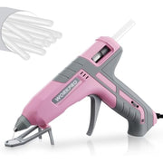 Pink and gray full-size hot glue gun with nozzle and trigger