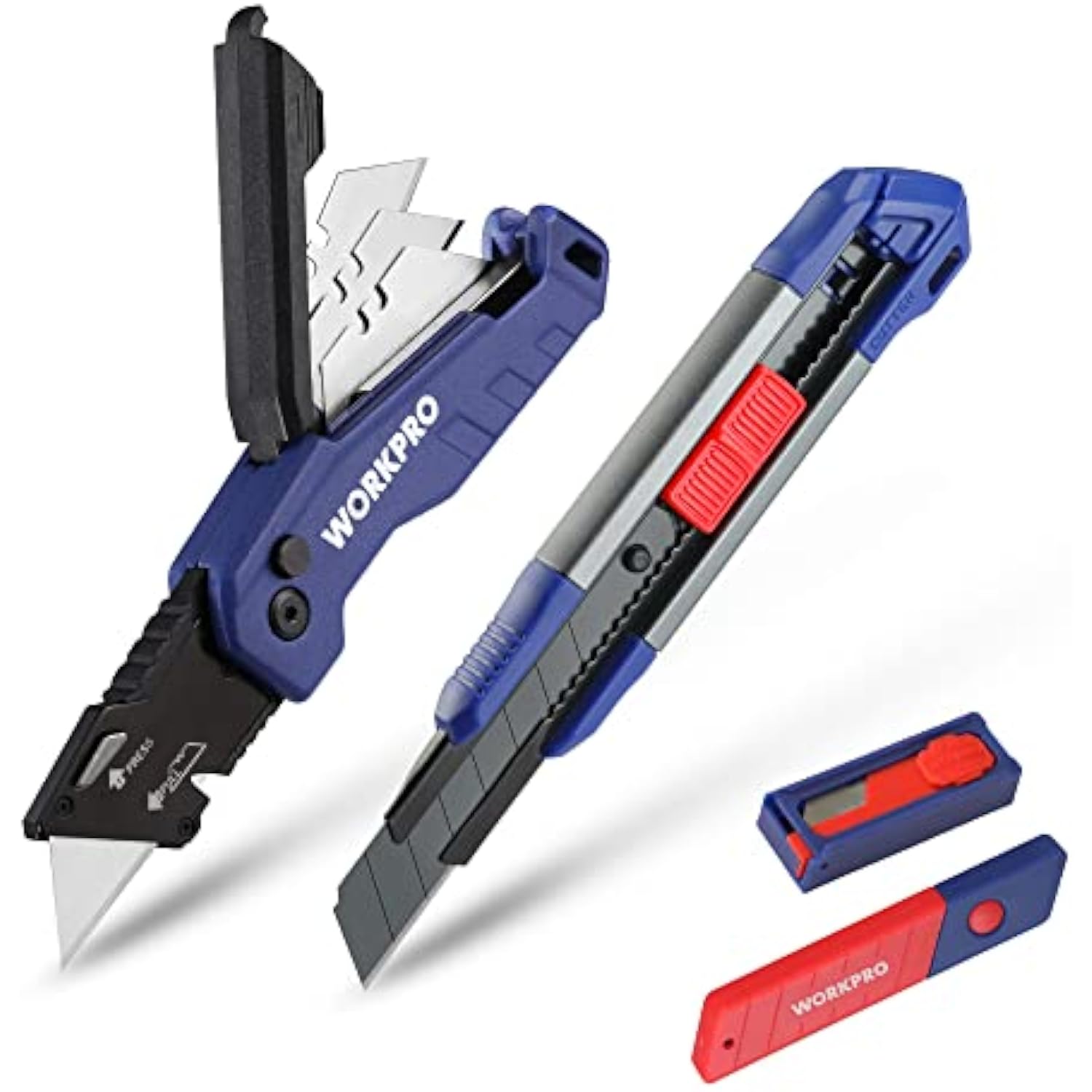 WORKPRO Utility Knife, 2-piece, Folding Box Cutter and Retractable Knife, Light Weight Aluminum Body with Quick- Change Stainless Blade Holder, Extra 20 SK5 Blades Included
