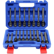 Opened blue storage case with assorted long hex bit sockets and bits, black ends