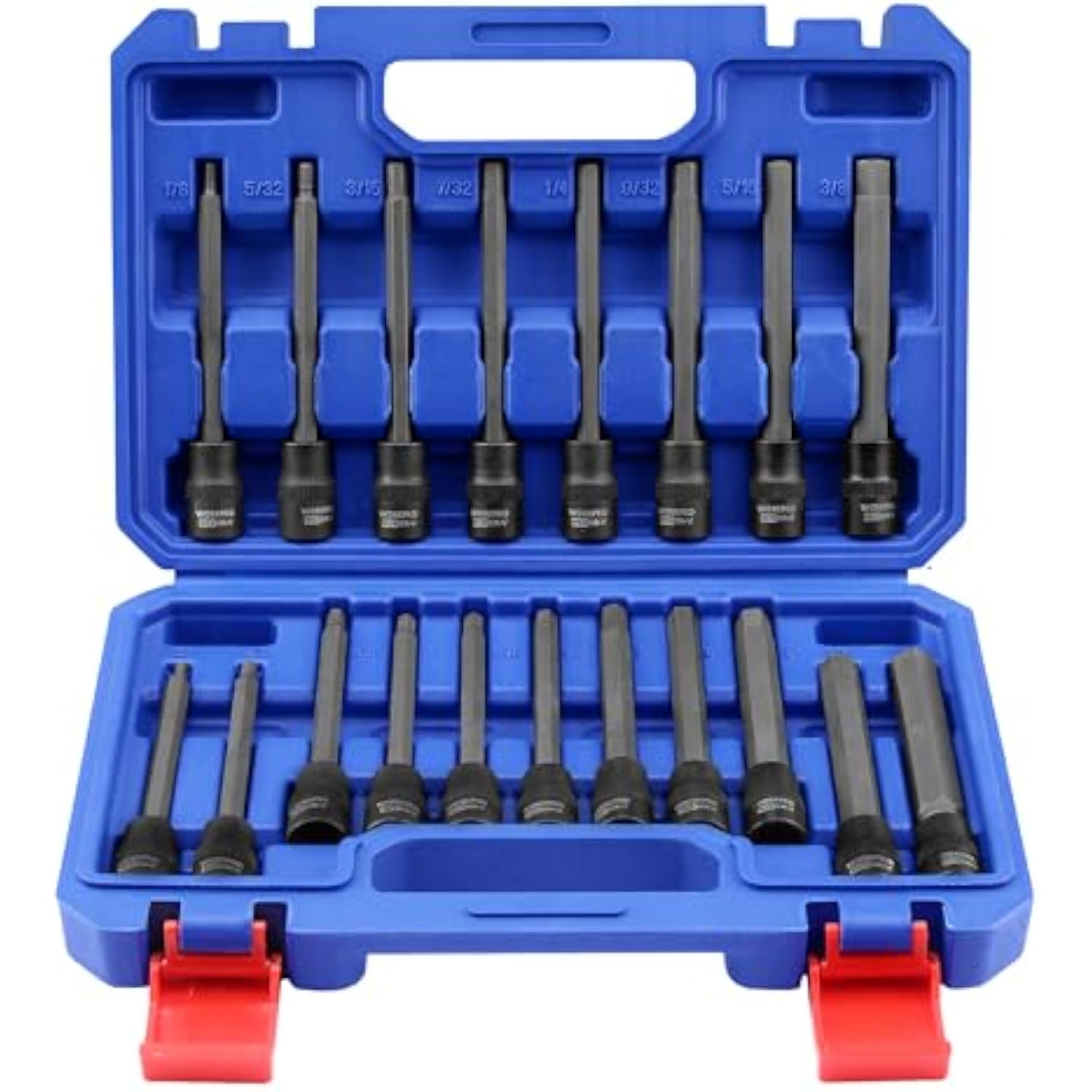 Opened blue storage case with assorted long hex bit sockets and bits, black ends