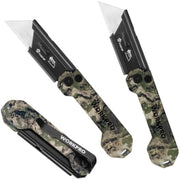 Set of three camo folding utility knives with black blade housings