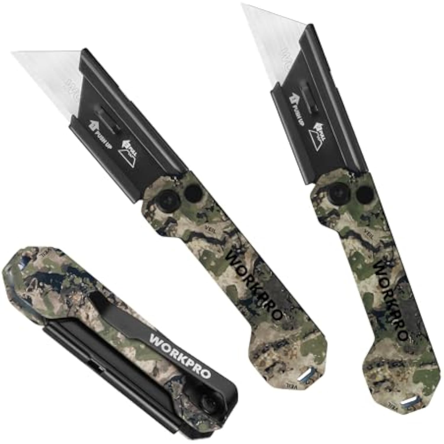 Set of three camo folding utility knives with black blade housings