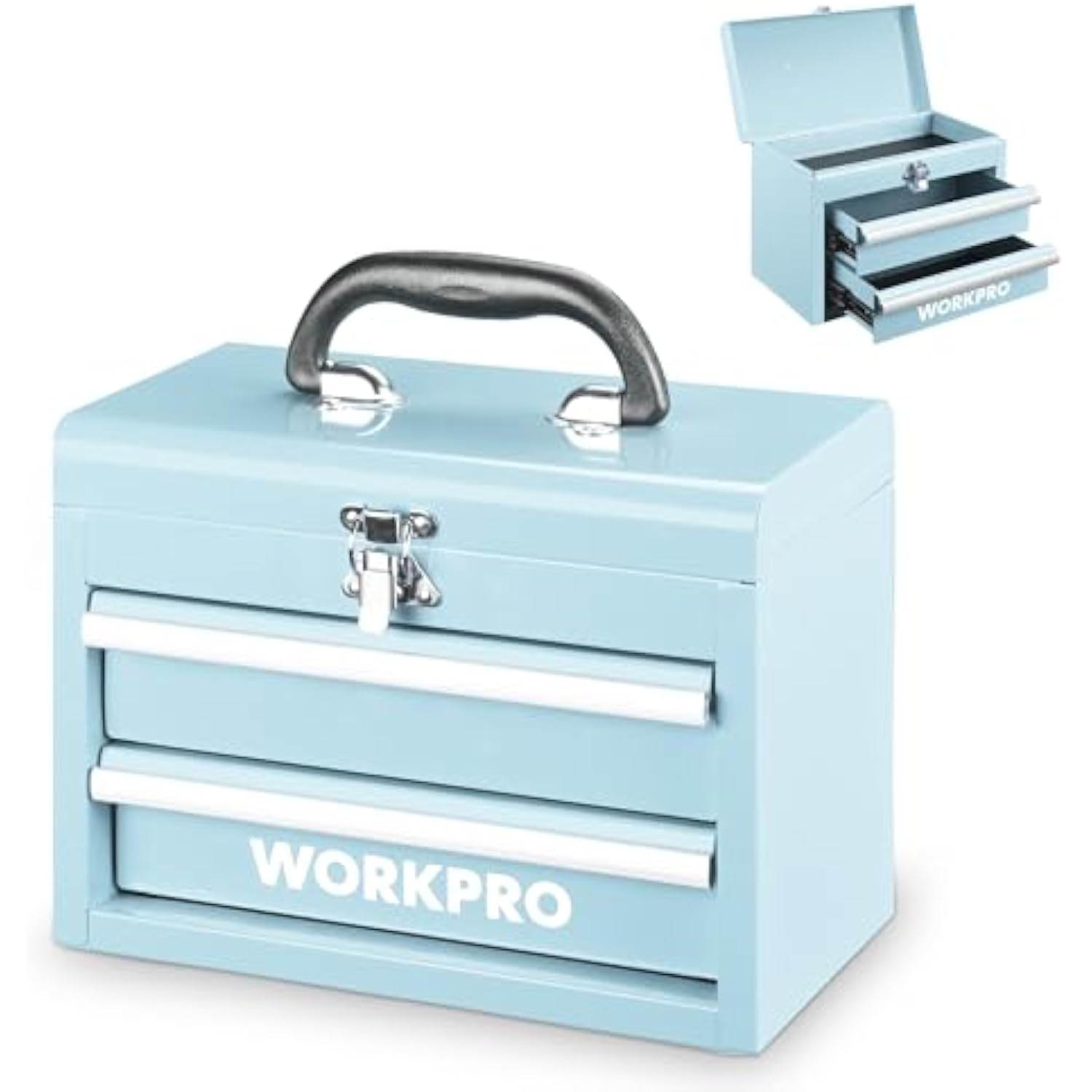 Light blue mini metal tool box with black handle, top latch, and two front drawers.