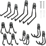 Assorted black steel garage wall hooks with mounting screws and plastic anchors