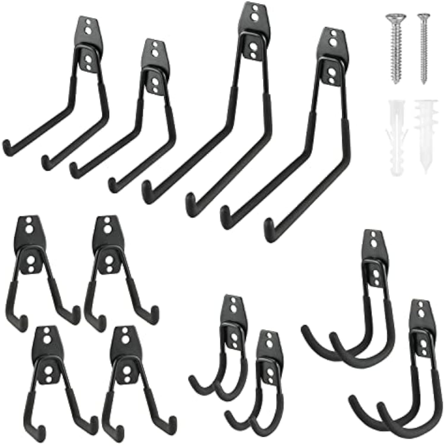 Assorted black steel garage wall hooks with mounting screws and plastic anchors