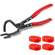 Red and black exhaust hanger removal pliers with four red rubber exhaust hangers