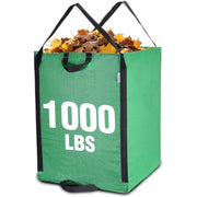 Green 72-gallon reusable yard waste bag with black handles; 1000 lbs capacity text.
