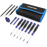 Magnetic precision screwdriver set with blue carry pouch and multiple Torx-style bits