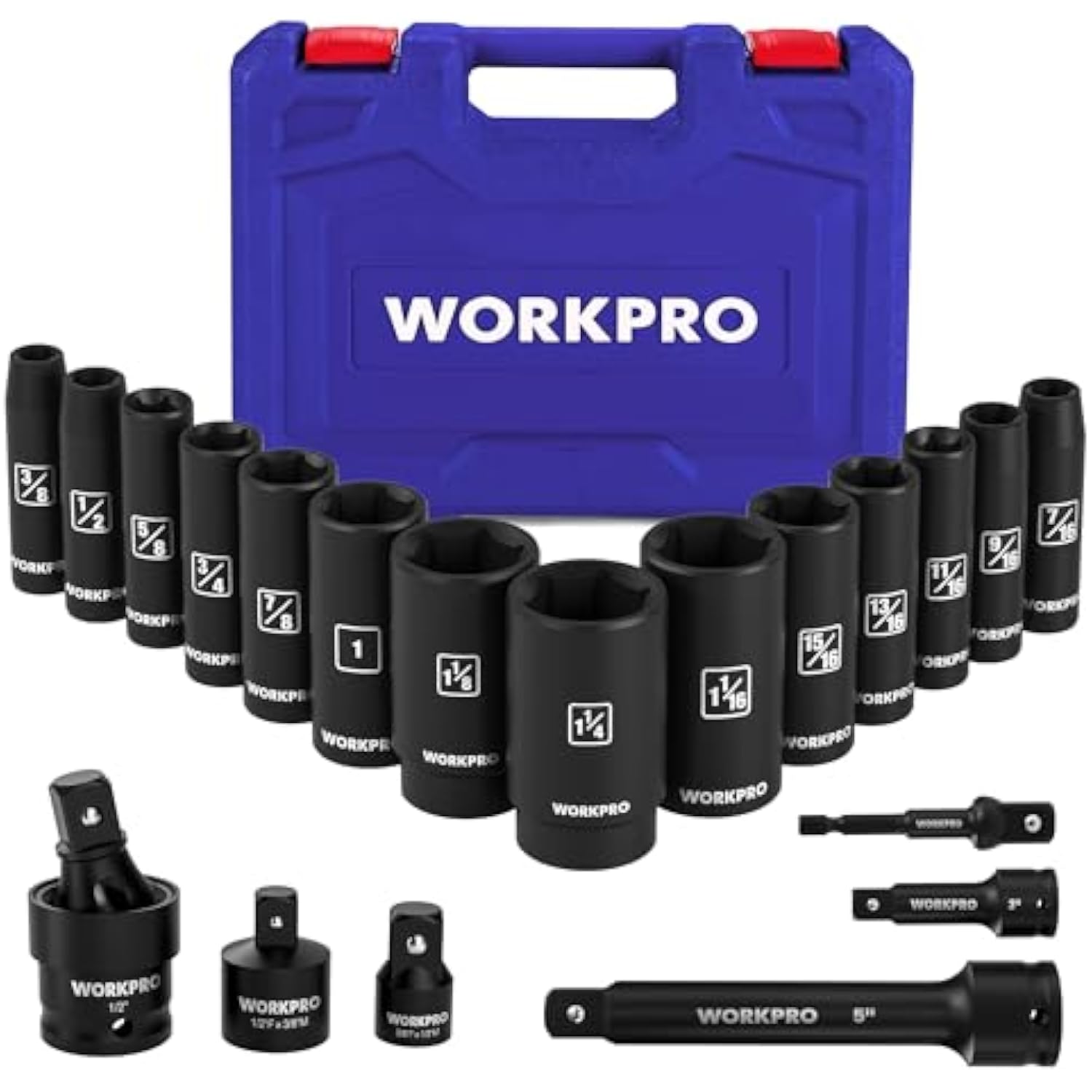 WORKPRO socket set with blue case and arranged black 1/2-inch drive deep impact sockets