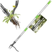 Weed puller tool lifting dandelion roots with 4-claw head and green handle cap