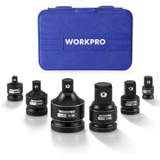 WORKPRO impact adapter set with blue case, showing five black CR-MO couplers