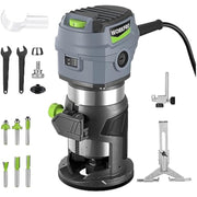 Compact corded router tool with included bits, guides, and wrenches