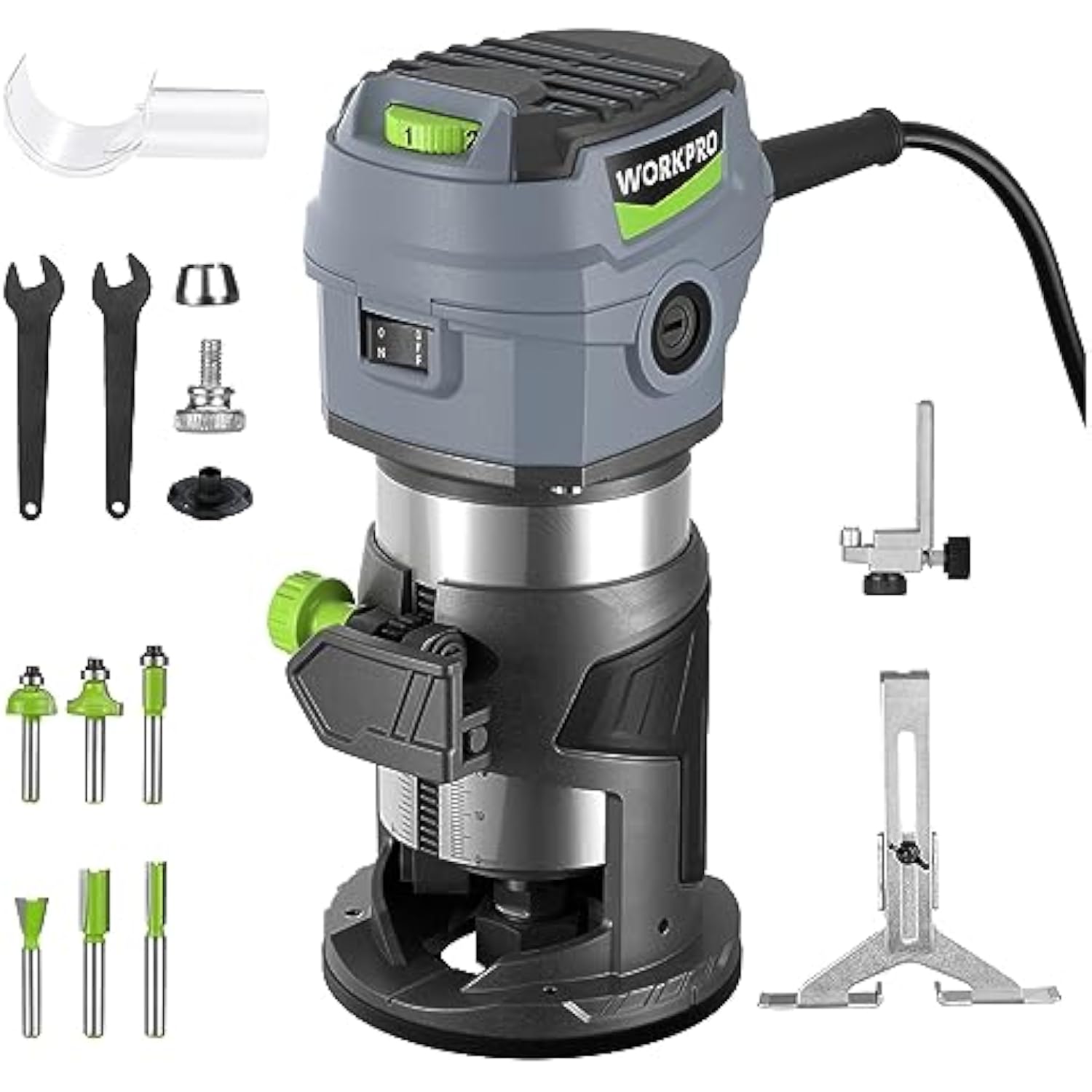 Compact corded router tool with included bits, guides, and wrenches