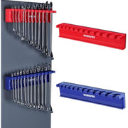 Magnetic wrench organizer set with blue and red racks and chrome wrenches on a wall