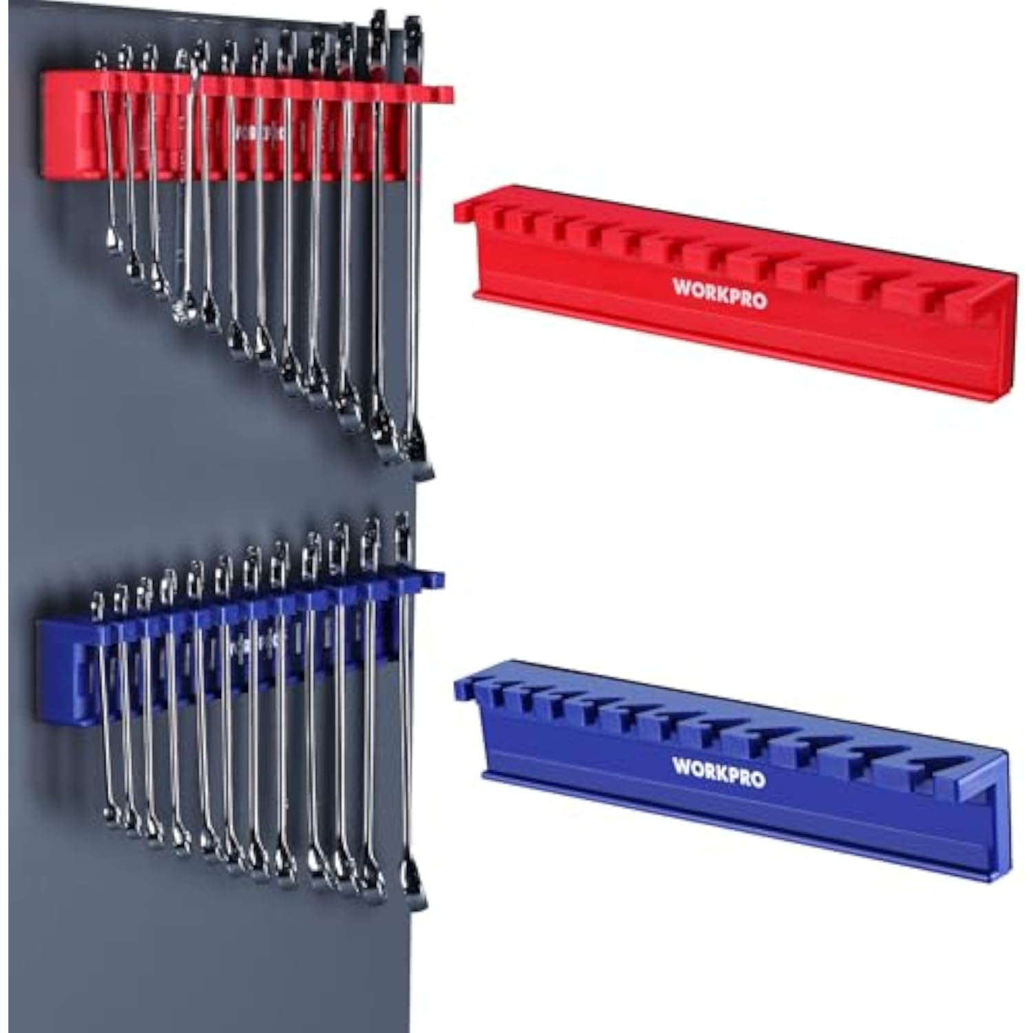 Magnetic wrench organizer set with blue and red racks and chrome wrenches on a wall