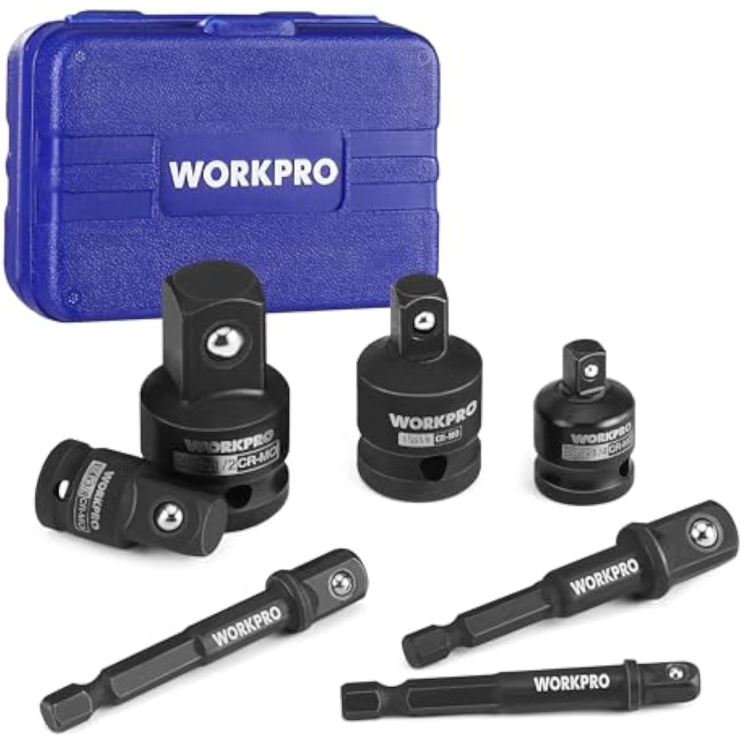 Black impact socket adapters and extensions set with blue storage case
