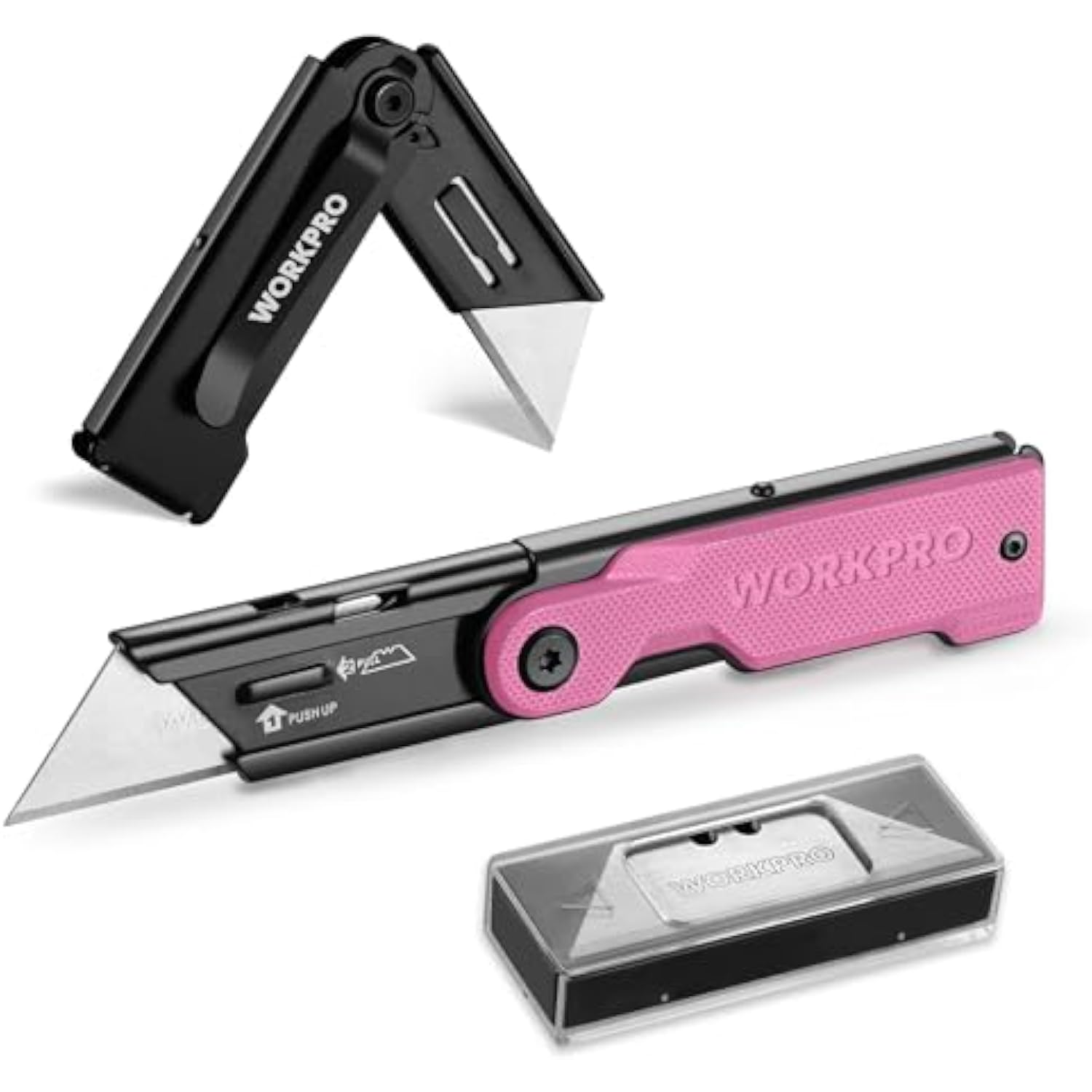 WORKPRO Folding Utility Knife with 10 Extra SK5 Blades, EDC Razor Sharp Knife with G10 Handle, Quick Change Box Cutter with Belt Clip, for Heavy Duty, DIY, Home, Office & Artcraft Use - Pink