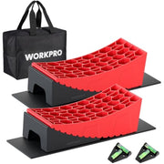 Red RV leveling blocks kit with anti-slip bases, black carry bag and straps