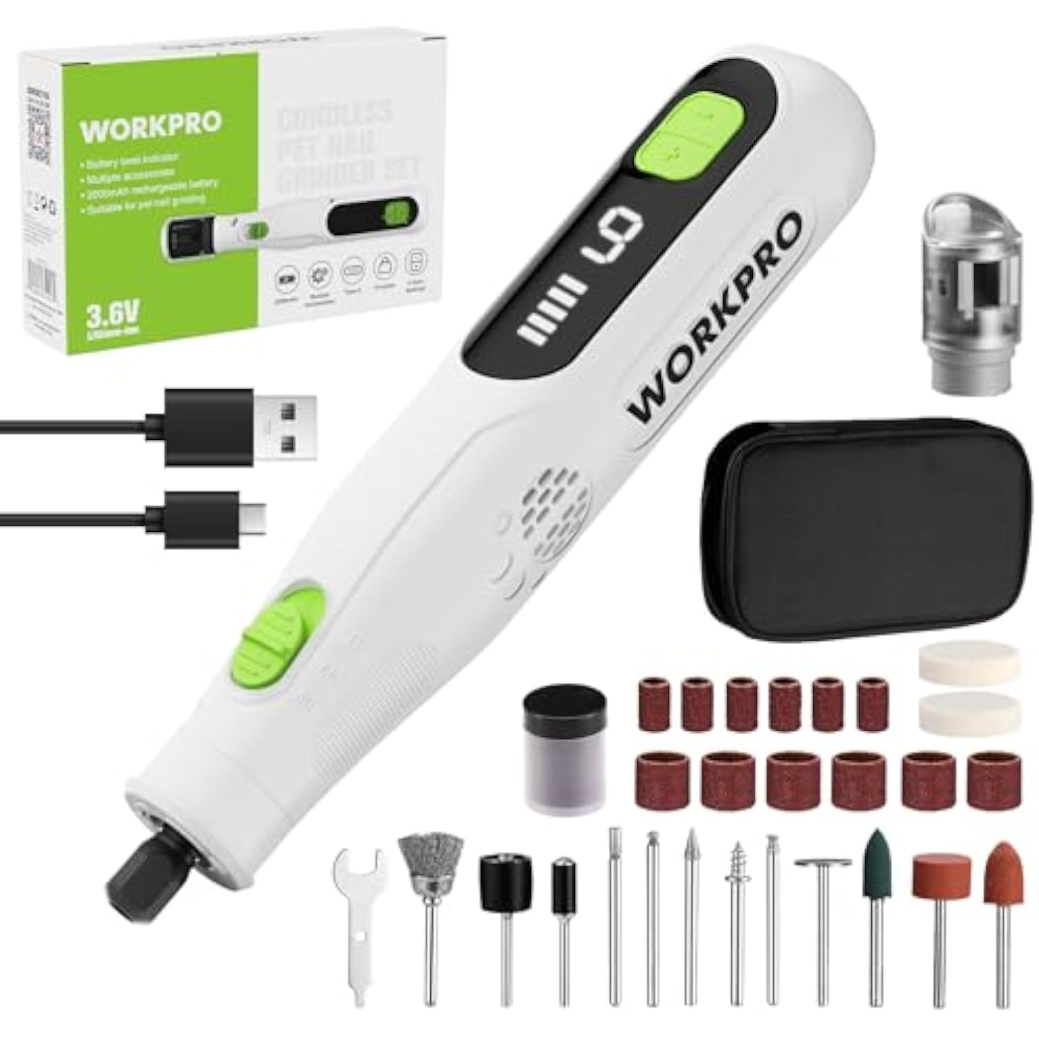 WORKPRO 3.6V Cordless Rotary Tool Kit, 70 Accessories, 6 Variable Speeds, Type-C Rechargeable, Mini Power Rotary Tool for Engraving, Sanding, Polishing and Pet Nail Grooming