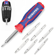 Red and blue multi-bit screwdriver with black holster and assorted chrome bits