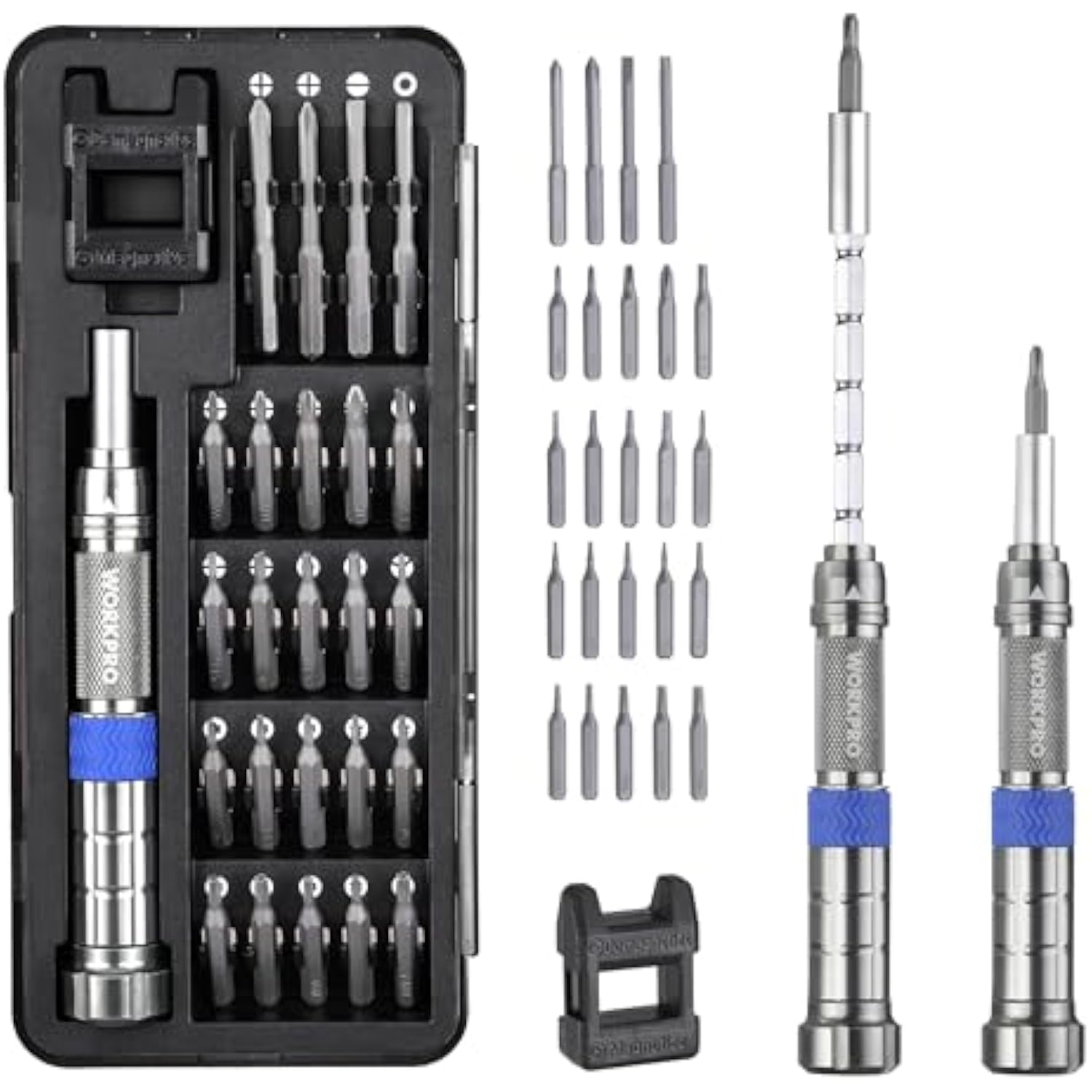 24-in-1 precision screwdriver set kit with storage case, two drivers, and base holder