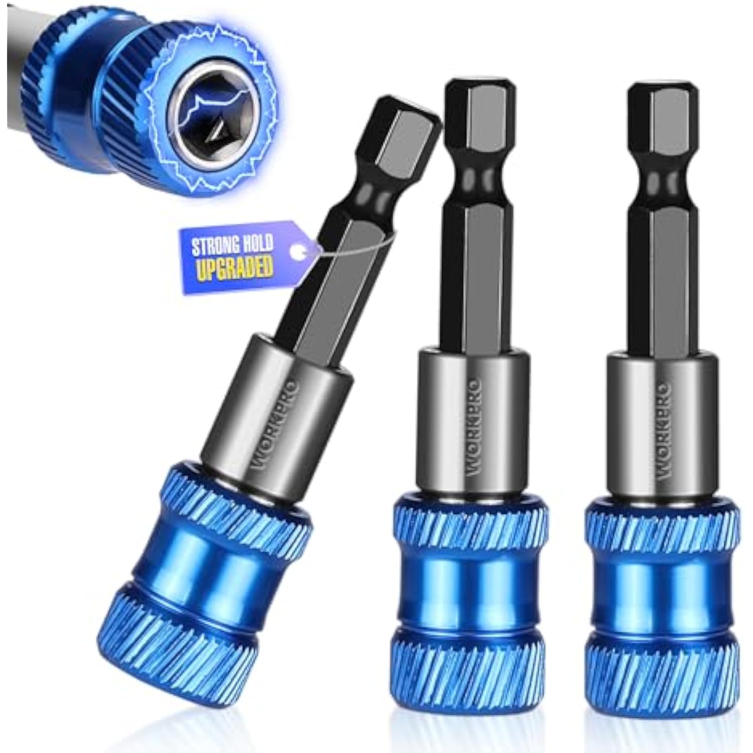 Set of three blue magnetic drill bit holder extensions with hex shanks