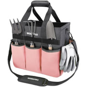 WORKPRO garden tool tote bag with gray top, pink bottom organizer pouches, and side holders
