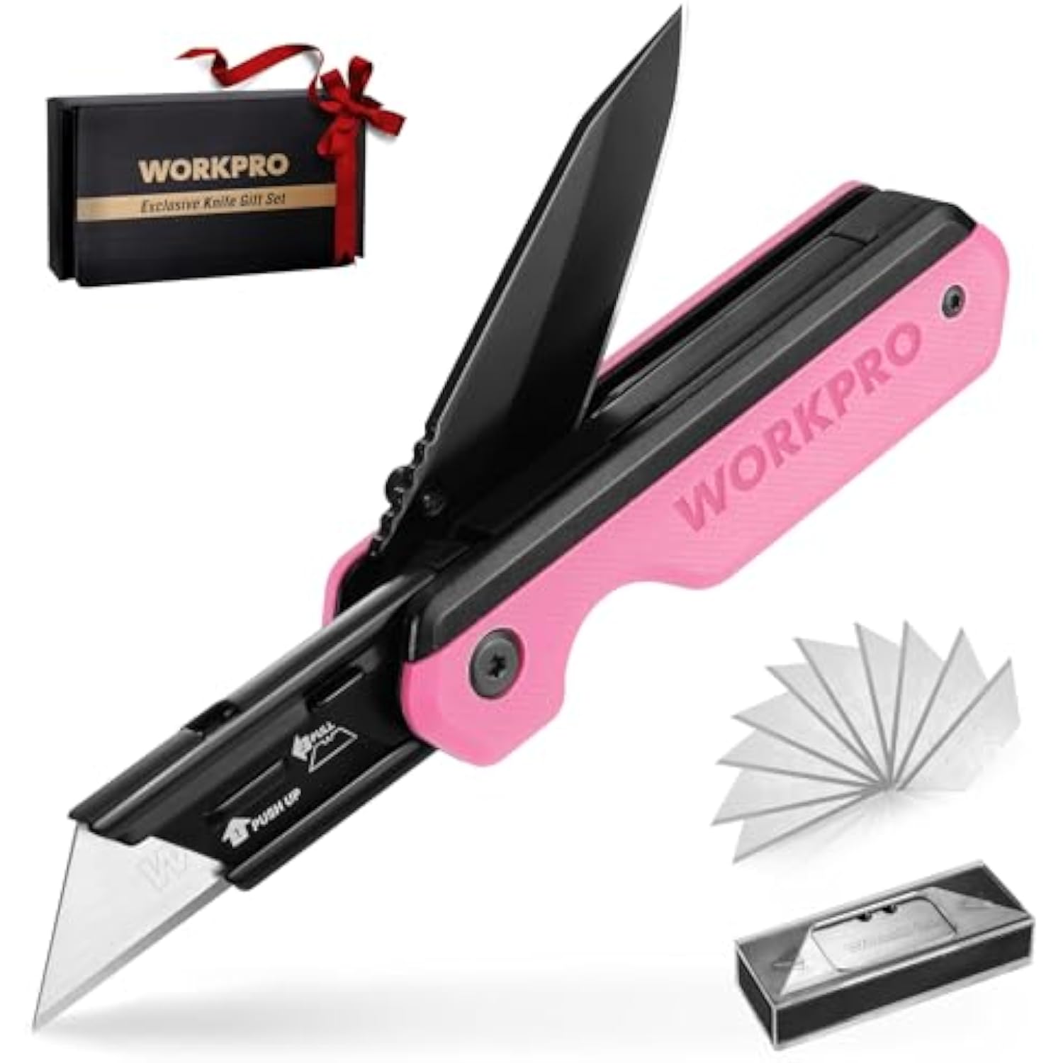 Pink folding utility knife with black blade, belt clip, liner lock, and G10 handle