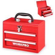 Red metal mini tool chest with carry handle and two drawer rails