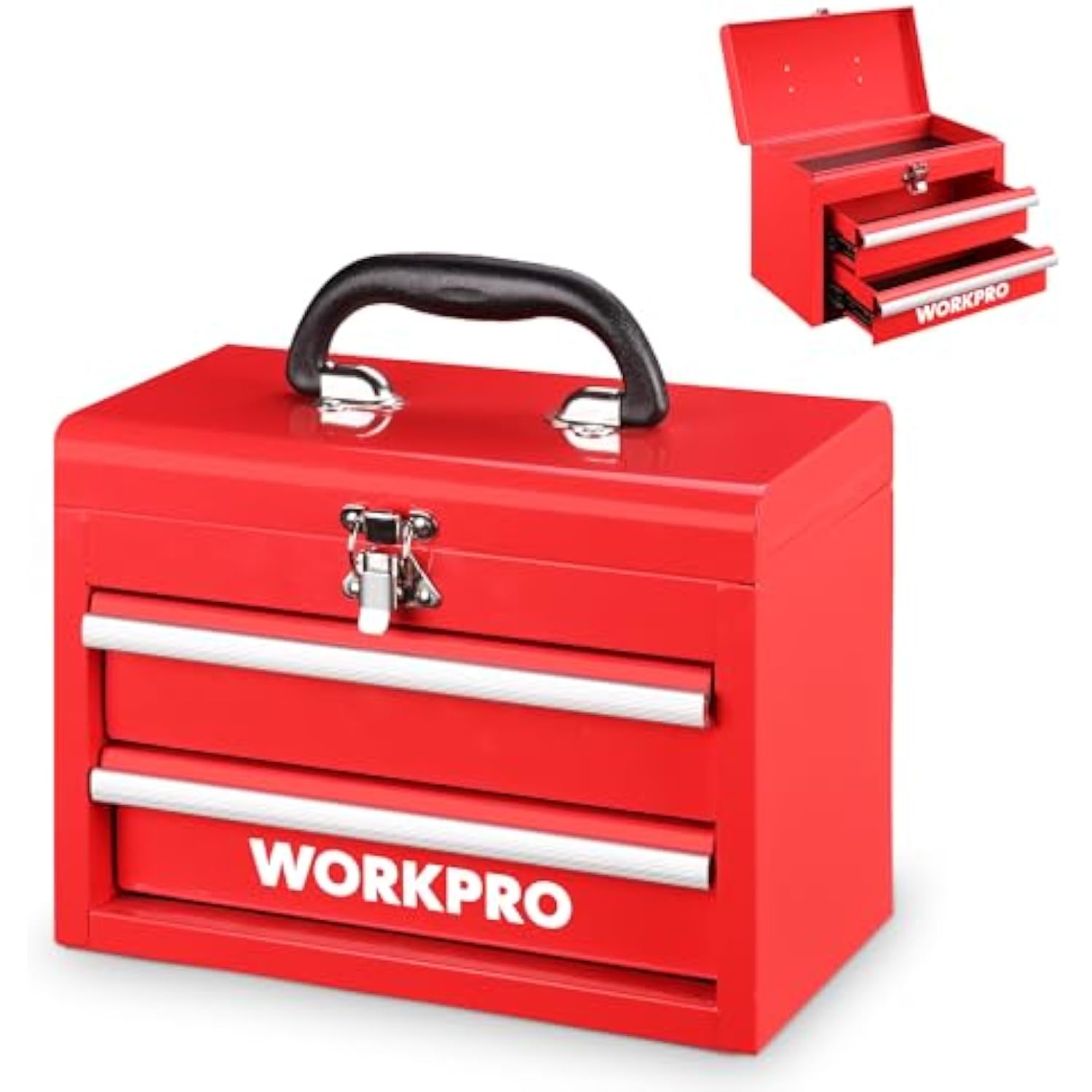 Red metal mini tool chest with carry handle and two drawer rails