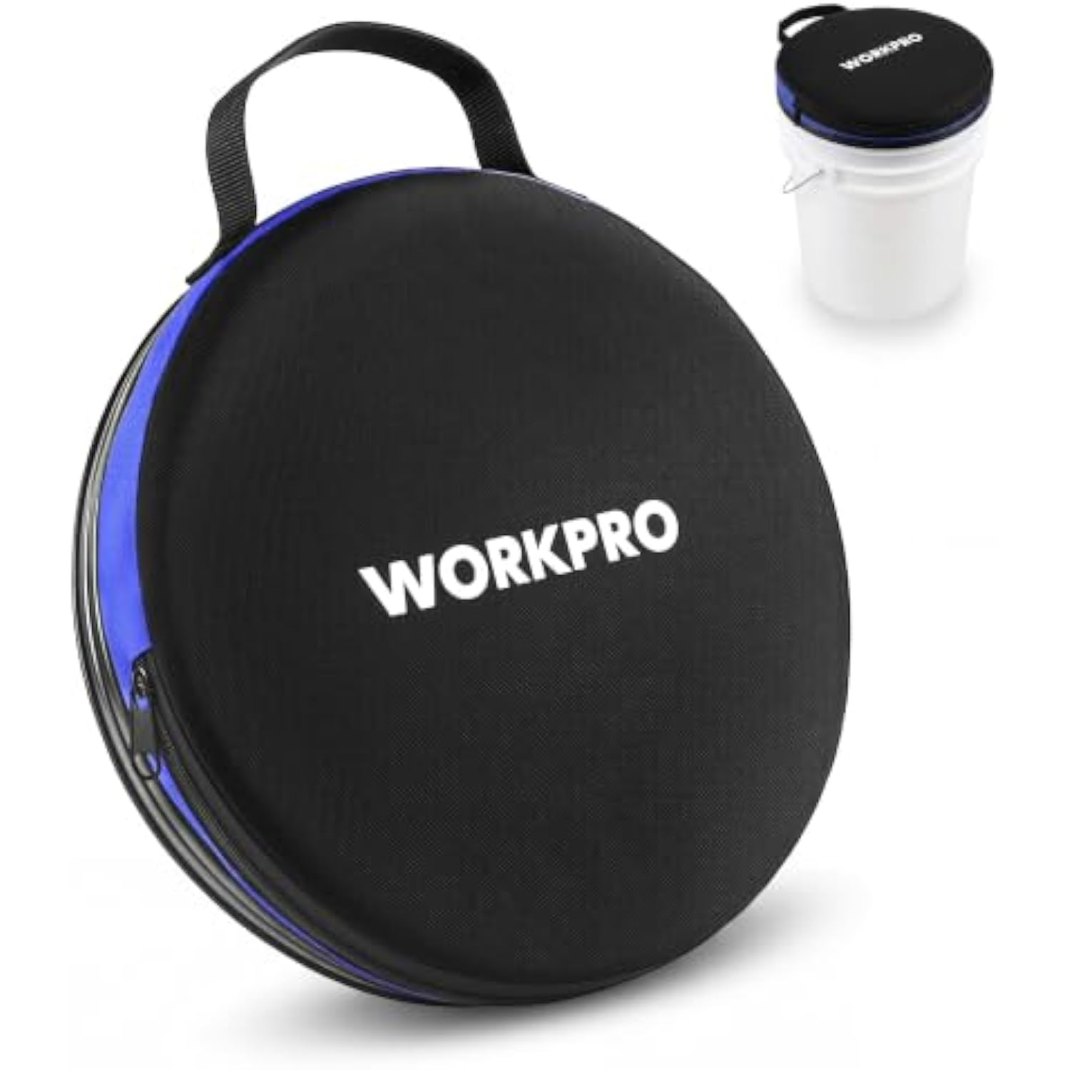 Black WORKPRO bucket seat lid with carry handle and hex-pattern cushion top