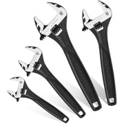 Four-piece adjustable wrench set with black handles and laser-cut jaw openings